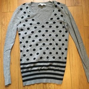Loft Grey V-Neck Black Polka Dot/Striped Sweater